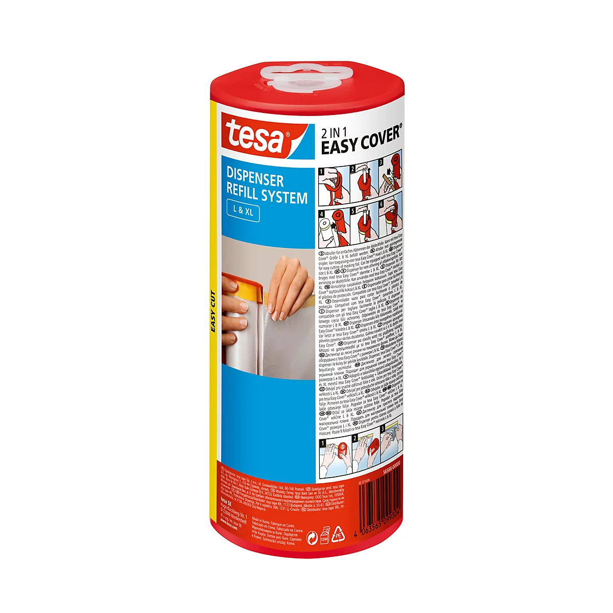 Rouleau cylindrique Tesa Easy Cover avec texte et instructions, principalement rouge, bleu et jaune.