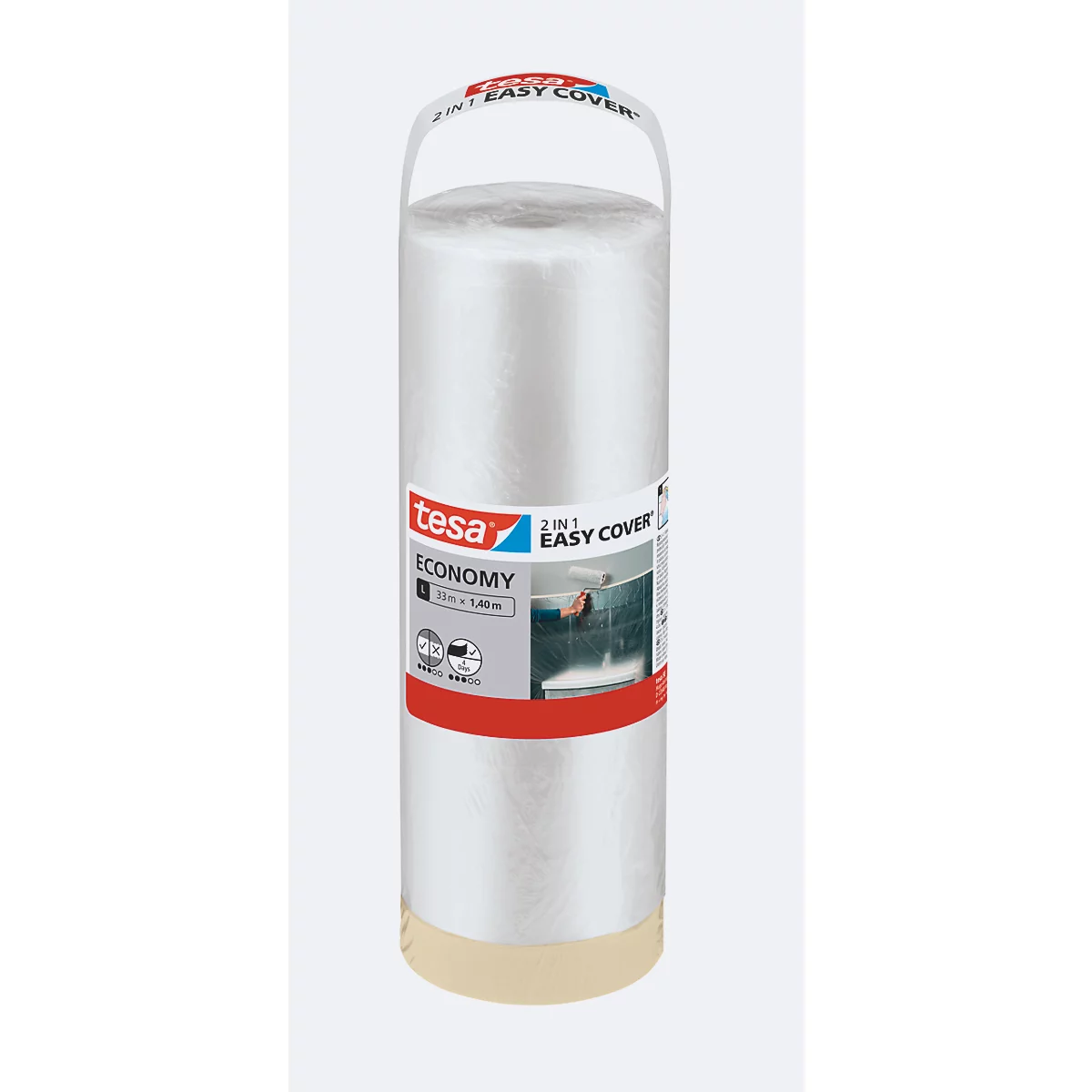 Cilindrische rol Tesafilm '2 in 1 Easy Cover'. Handvat bovenaan, daaronder rood-wit logo en productinfo, daaronder het product in de toepassing.