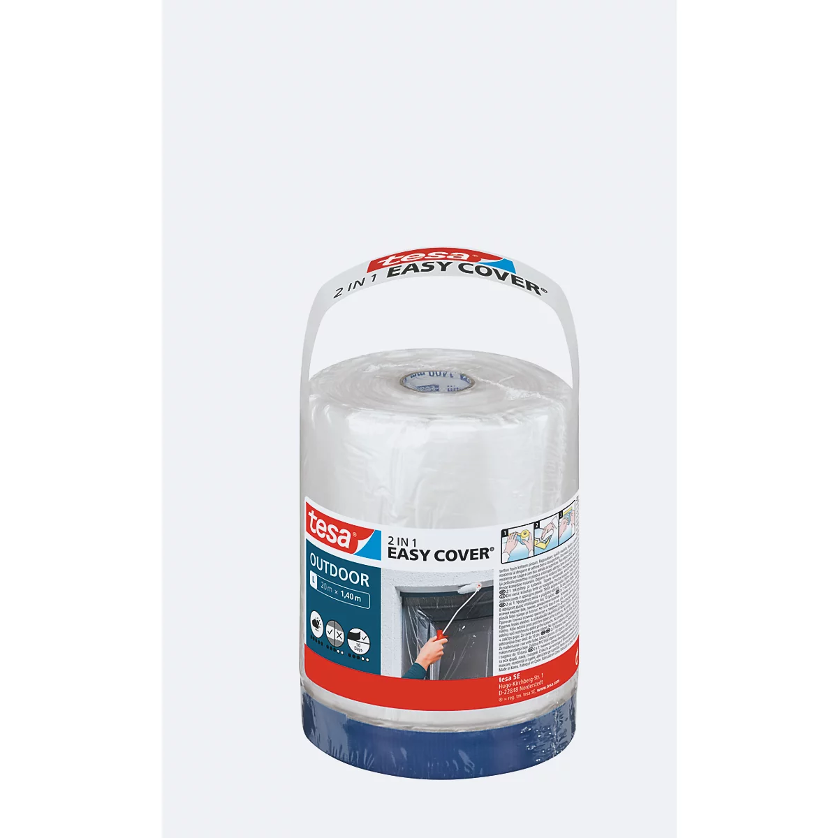 Rouleau tesa 2en1 EASY COVER Outdoor avec poignée, base bleue, film transparent. Inscription: tesa, Outdoor, 2 in 1 EASY COVER.