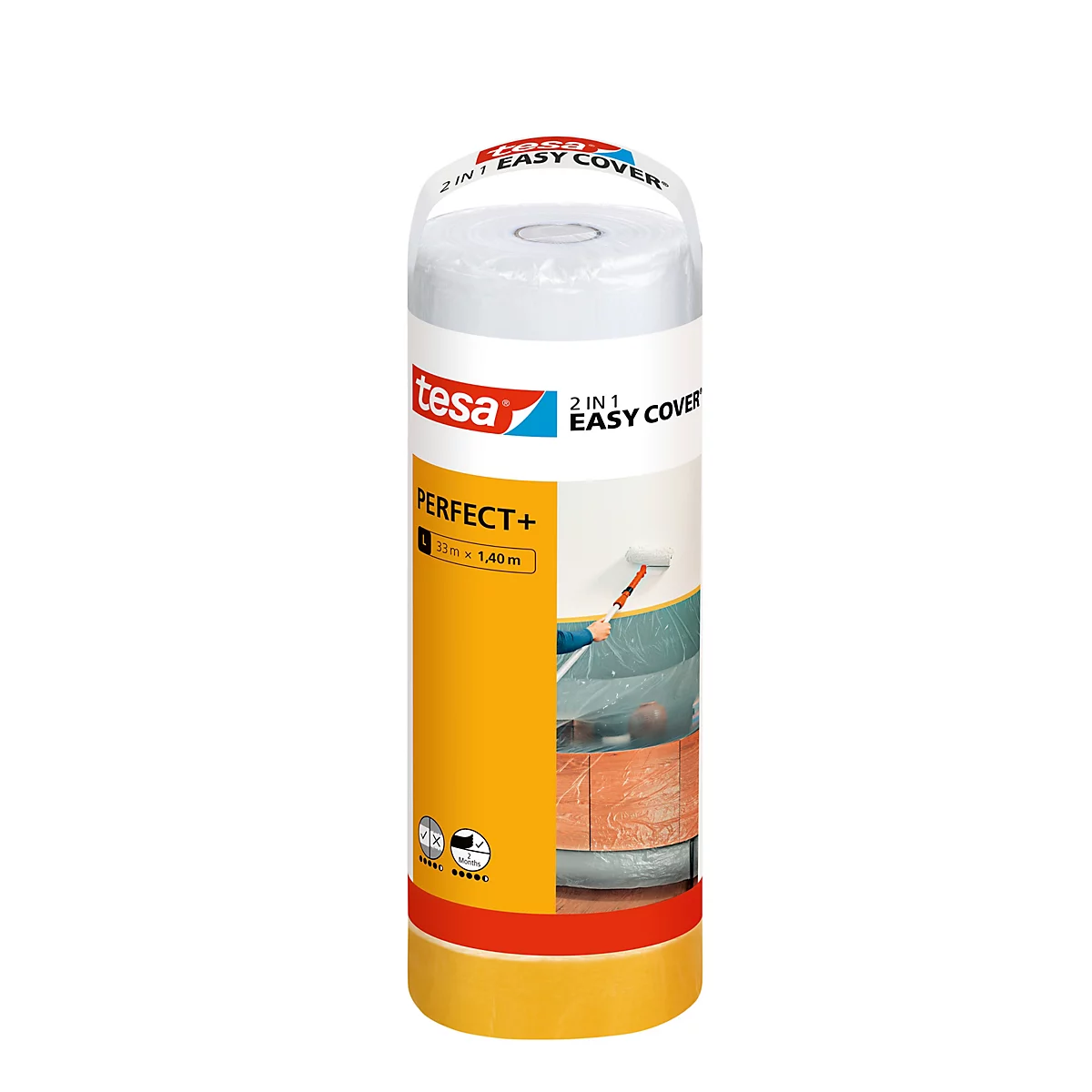 Rouleau cylindrique avec la marque tesa ; étiqueté '2 in 1 Easy Cover Perfect+', montrant l'application avec un rouleau à peinture.