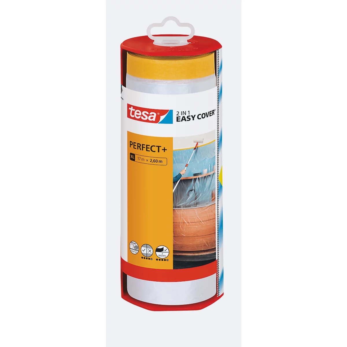 Un emballage de produit portant la mention "tesa PERFECT+". Les couleurs jaune et rouge dominent le design, avec un fond blanc.