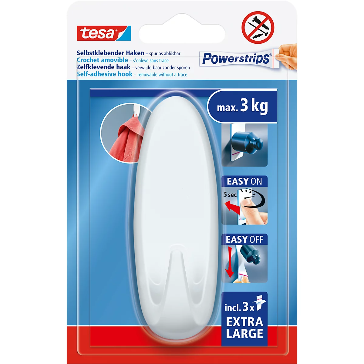 tesa® Extra grote zelfklevende haken, zelfklevend, 3 kg houdkracht, herbruikbaar, wit, ovaal