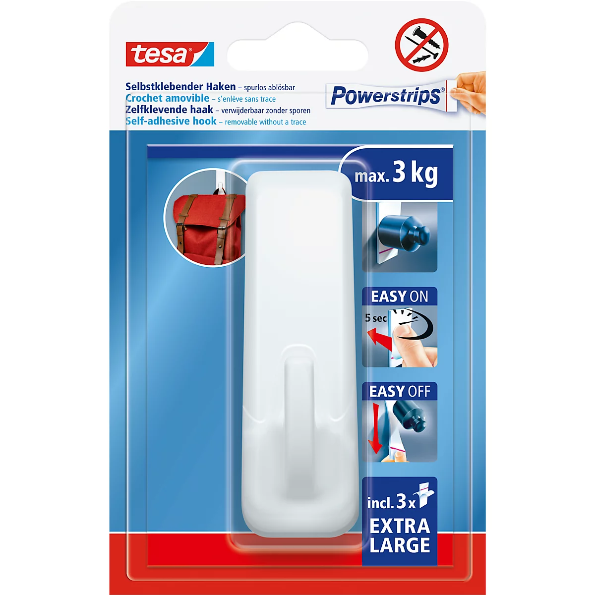 tesa® Extra grote zelfklevende haken, zelfklevend, 3 kg houdkracht, herbruikbaar, wit, rechthoekig