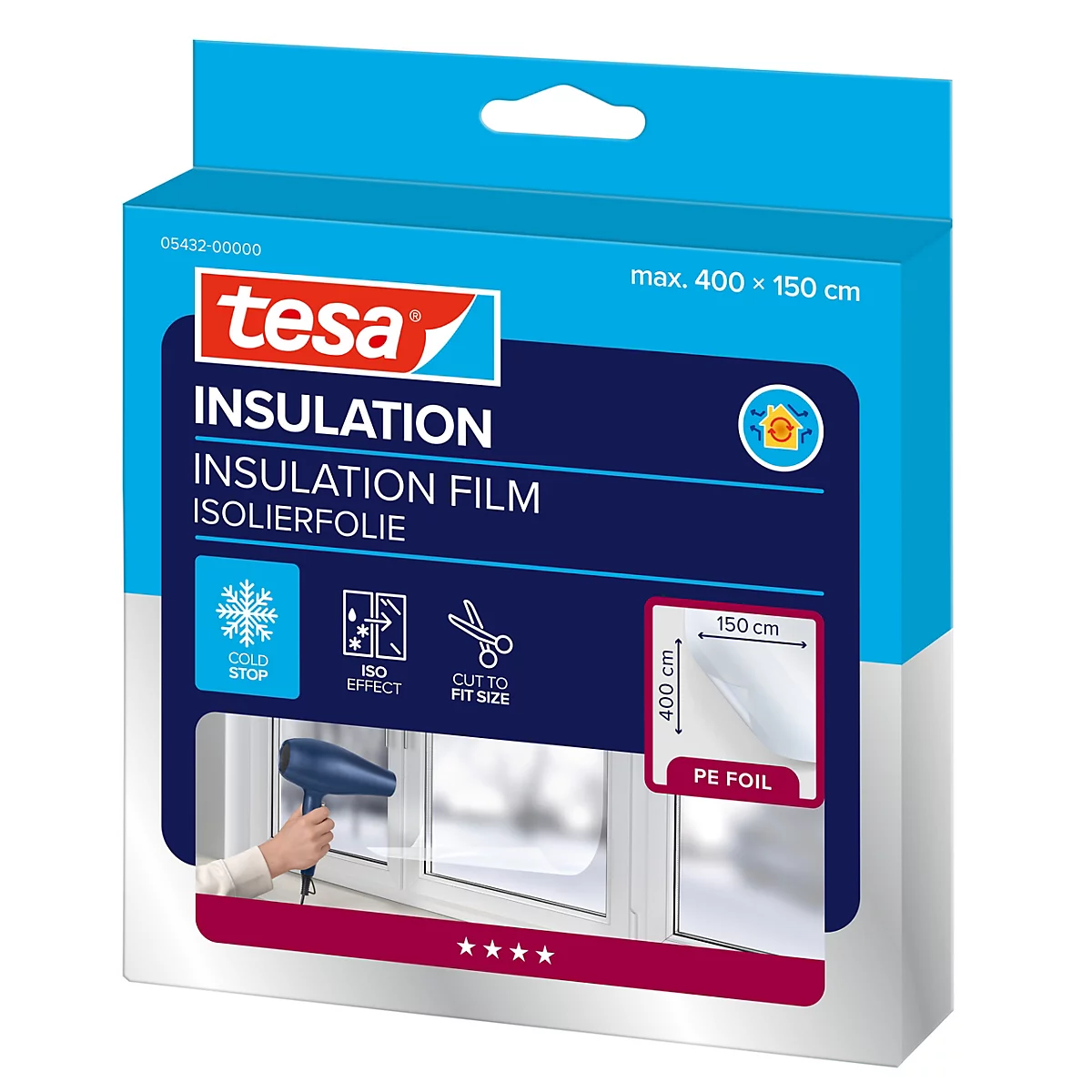 Produktverpackung der tesa Isolierfolie für Fenster zur Wärmedämmung mit Anwendungshinweisen.