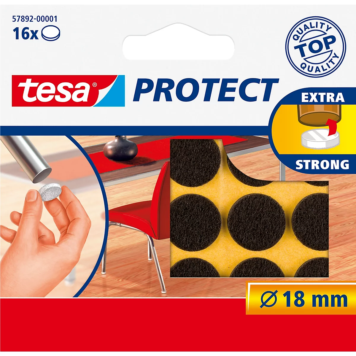 Produktverpackung mit Filzgleitern und einem Anwendungsbeispiel mit Stuhl. Durchmesser 18mm, tesa PROTECT.