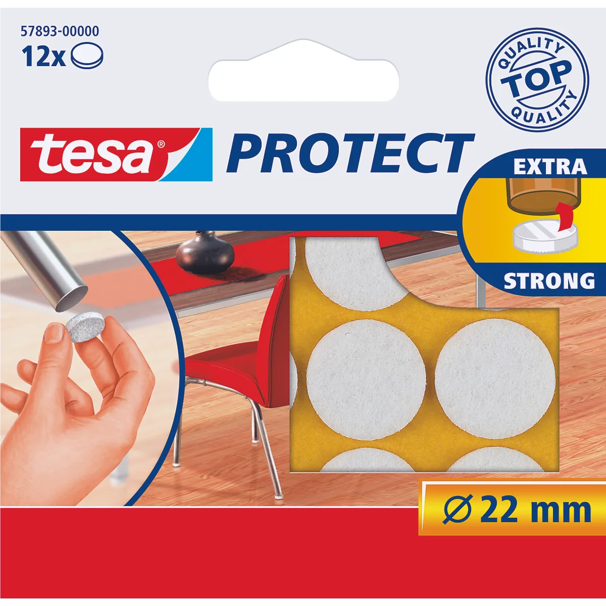 Produktverpackung mit weißen Filzgleitern, Durchmesser 22mm. Hand hält einen Gleiter, Anwendung an einem Stuhlbein.