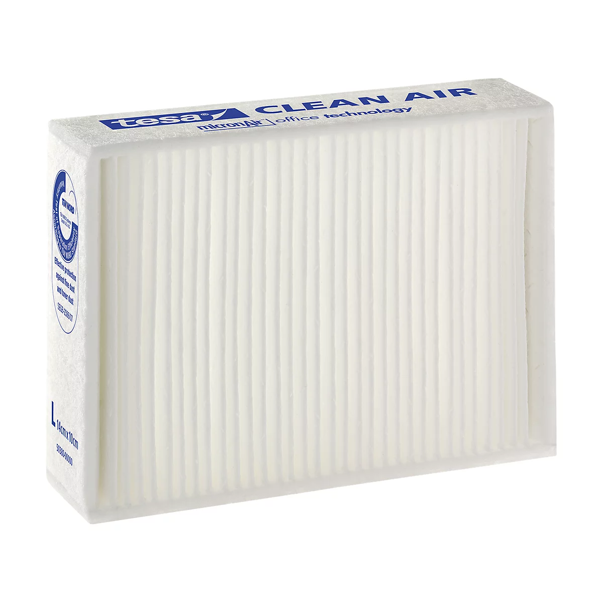 A white Tesa air filter with "Clean Air" and "Office Technology" printed on it. The filter structure is clearly visible.