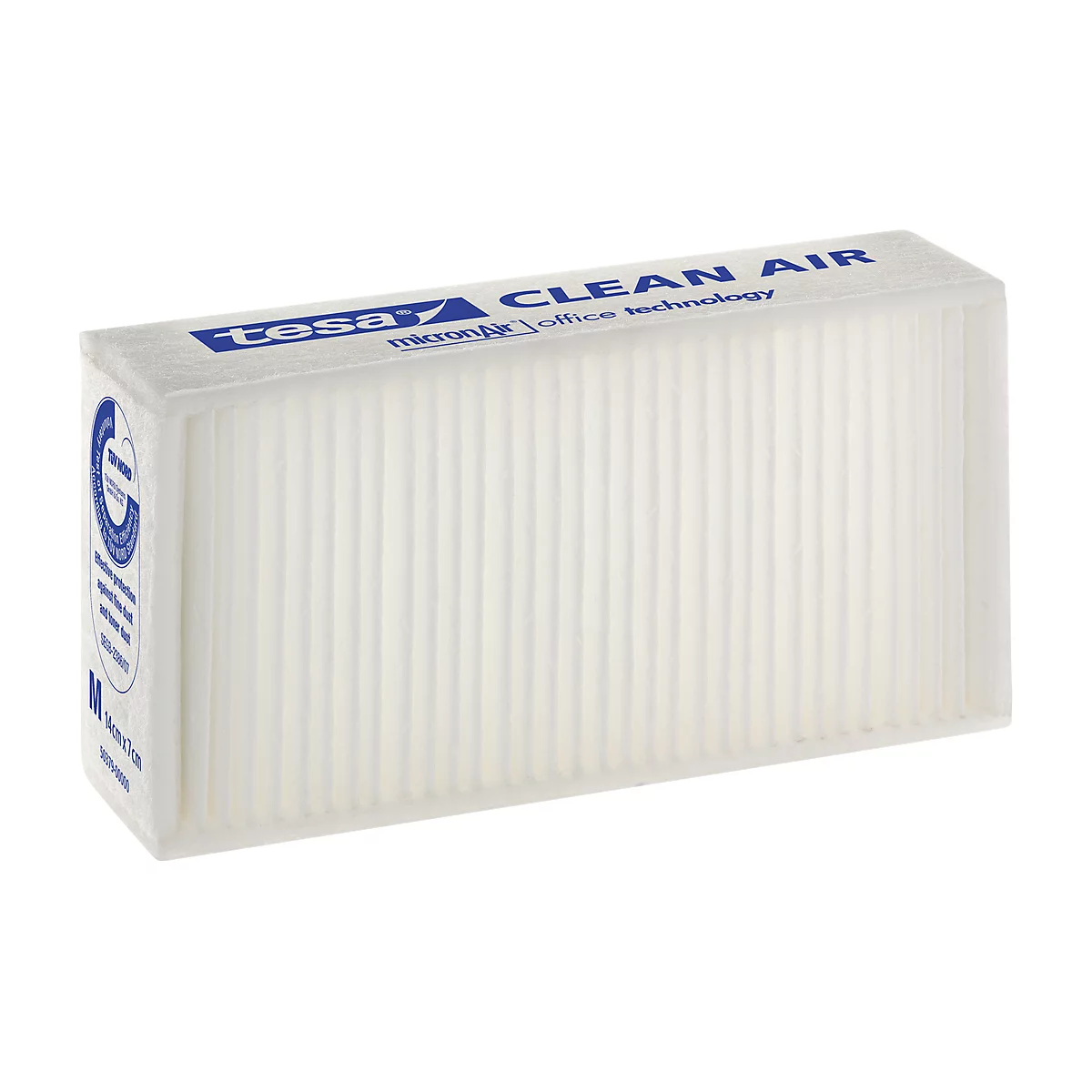 White air filter with blue text: "tesa CLEAN AIR".
