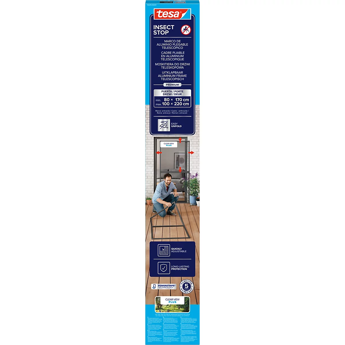 tesa® Fliegengitter INSECT STOP Premium, zum Befestigen an Türrahmen, mit teleskopierbarem Aluminiumrahmen, L 1000 x B 2200 mm, anthrazit-transparent