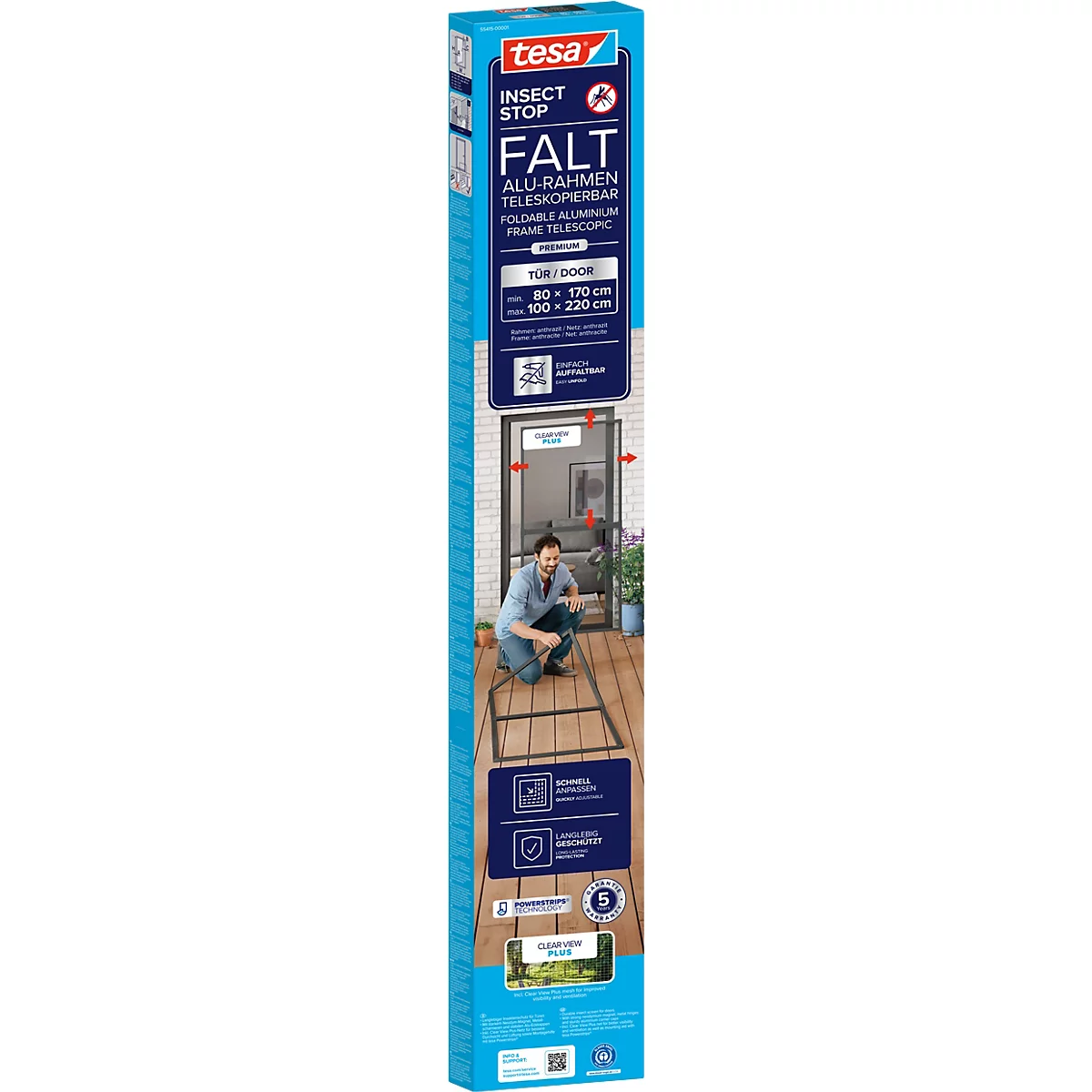 tesa® Fliegengitter INSECT STOP Premium, zum Befestigen an Türrahmen, mit teleskopierbarem Aluminiumrahmen, L 1000 x B 2200 mm, anthrazit-transparent