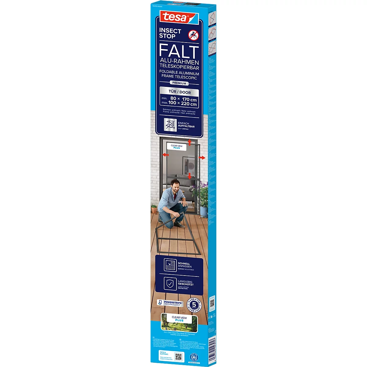 tesa® Fliegengitter INSECT STOP Premium, zum Befestigen an Türrahmen, mit teleskopierbarem Aluminiumrahmen, L 1000 x B 2200 mm, anthrazit-transparent