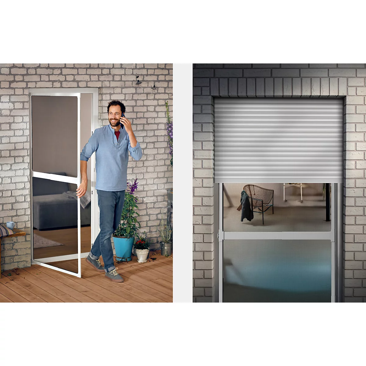 Mann öffnet Tür mit Insektenschutzgitter, telefoniert, Backsteinwand im Hintergrund. Fenster mit Rollo.