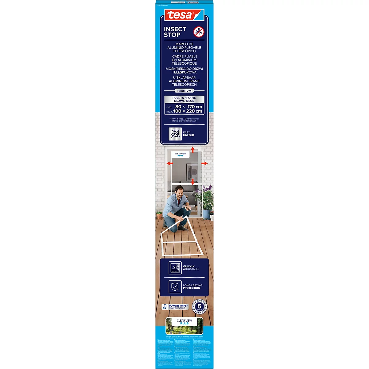 tesa® Fliegengitter INSECT STOP Premium, zum Befestigen an Türrahmen, mit teleskopierbarem Aluminiumrahmen, L 1000 x B 2200 mm, weiß-transparent