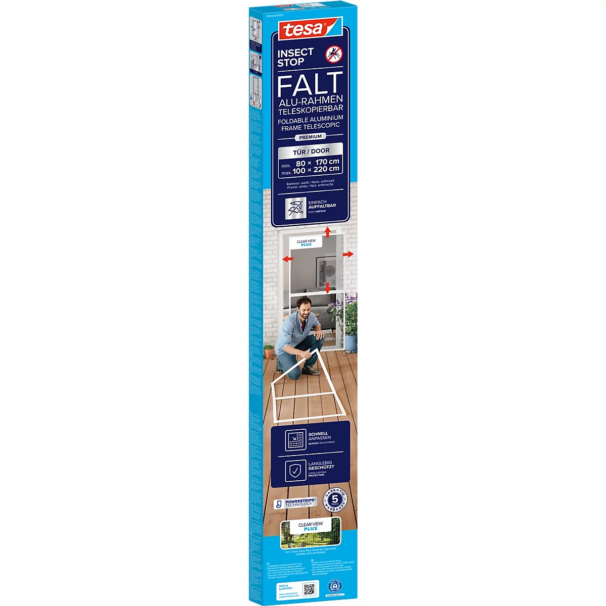 tesa® Fliegengitter INSECT STOP Premium, zum Befestigen an Türrahmen, mit teleskopierbarem Aluminiumrahmen, L 1000 x B 2200 mm, weiß-transparent