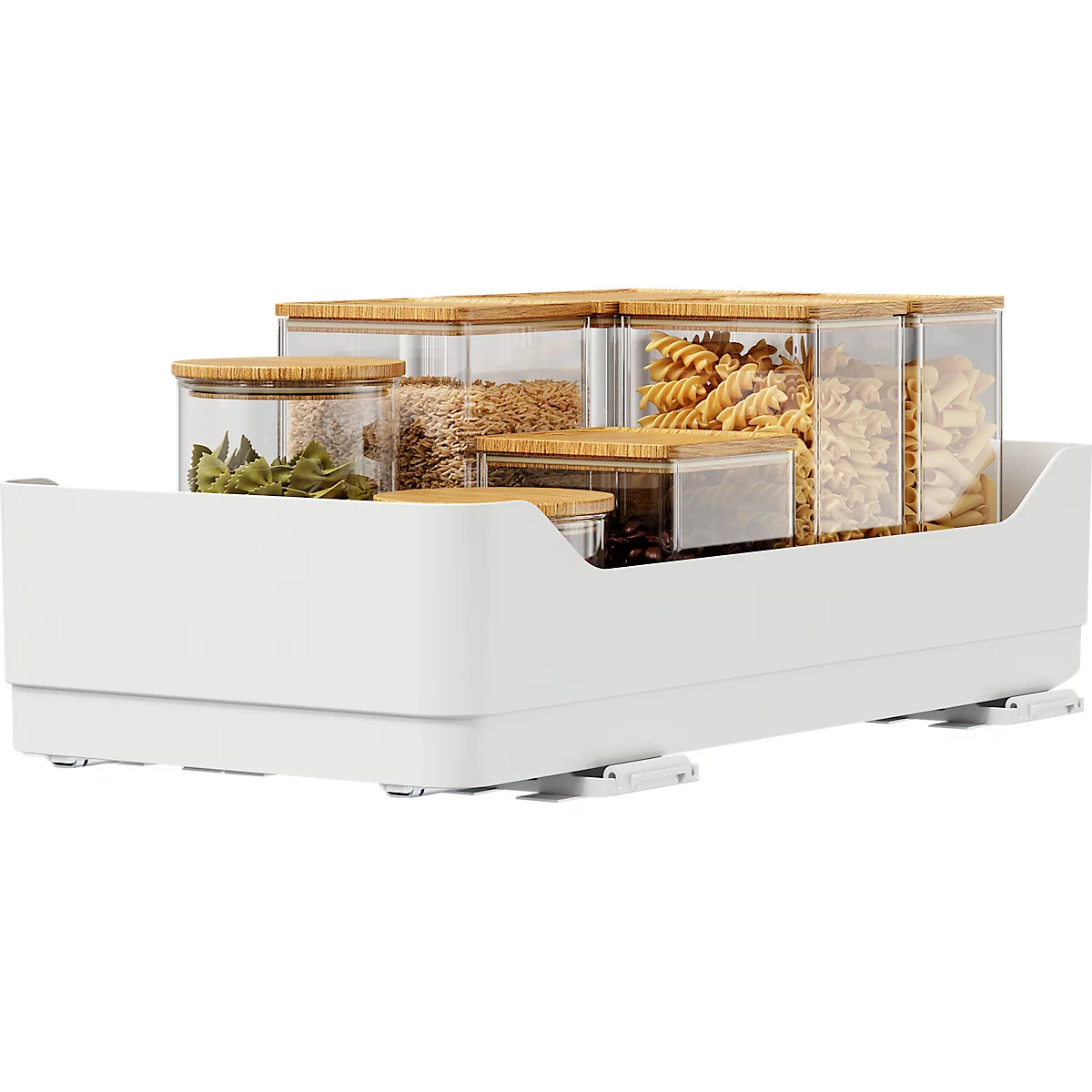 Organisateur de cuisine blanc à plusieurs niveaux avec divers contenants remplis d'aliments ; pâtes, céréales et haricots.