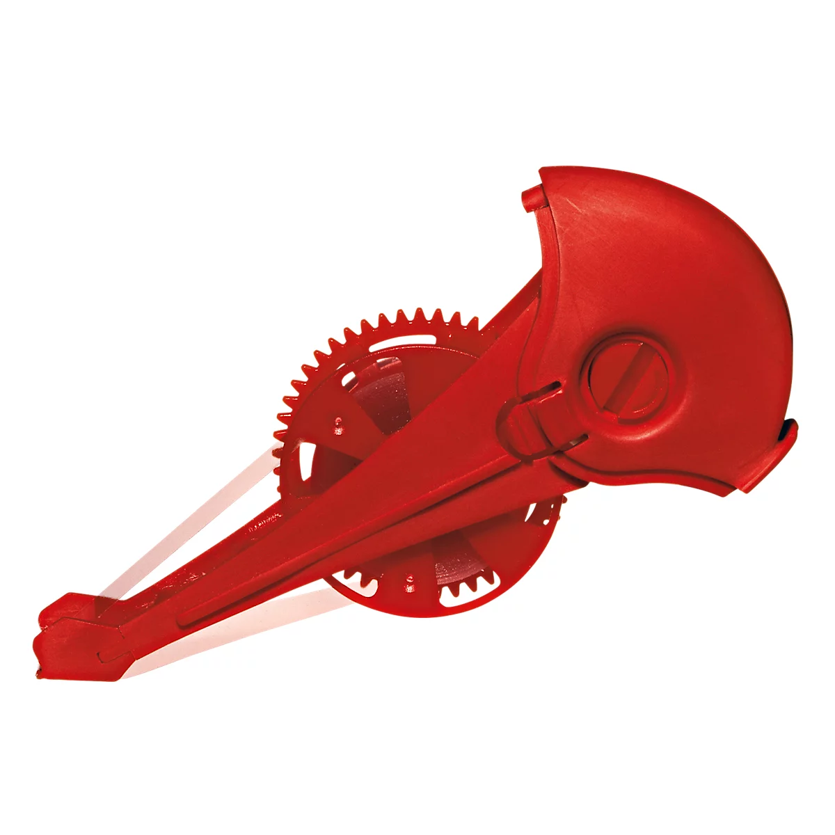 Red kitchen tool with gear. It is a device used for crushing ingredients.