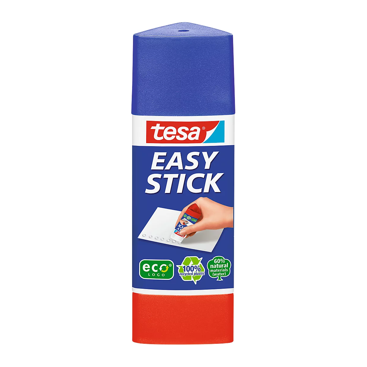 A Tesa Easy Stick glue stick advertising environmentally friendly products. A hand is gluing paper.