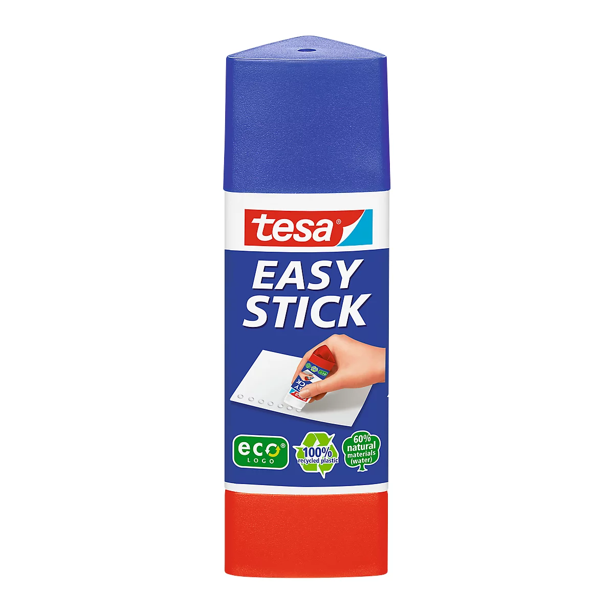 Tesa Easy Stick glue stick: Blue and red packaging with lettering and hand gluing paper. Eco logo.