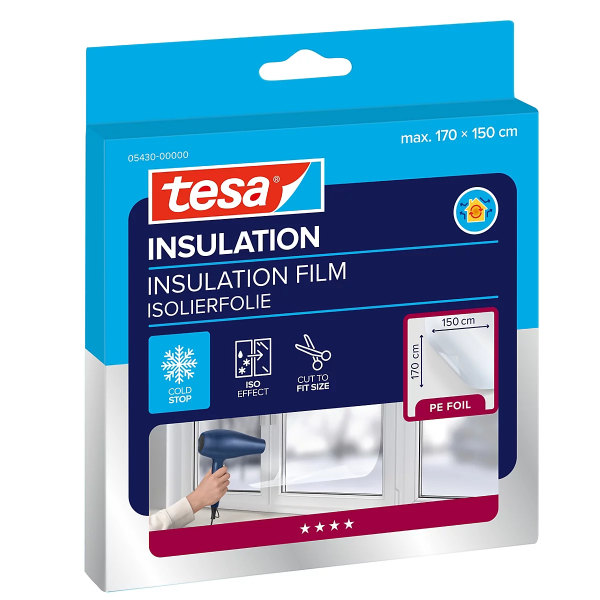 Produktverpackung von tesa Isolierfolie für Fenster mit Anwendungsdarstellung und Maßen.