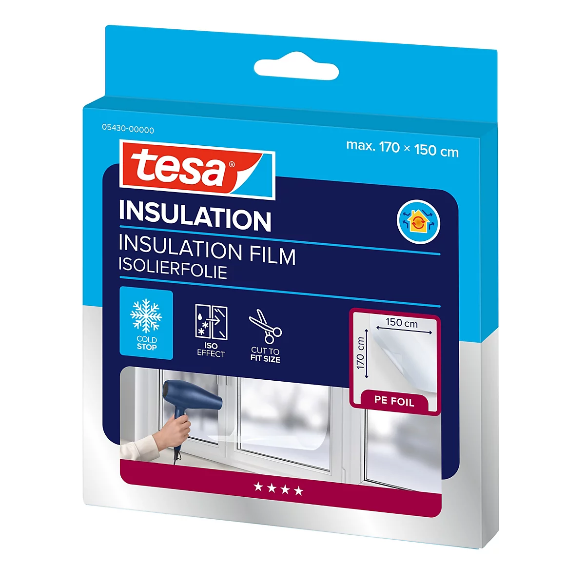Tesa Isolierfolie Fenster-Isolierung in blauer Verpackung mit Anwendungshinweisen und Maßen von 170x150cm.