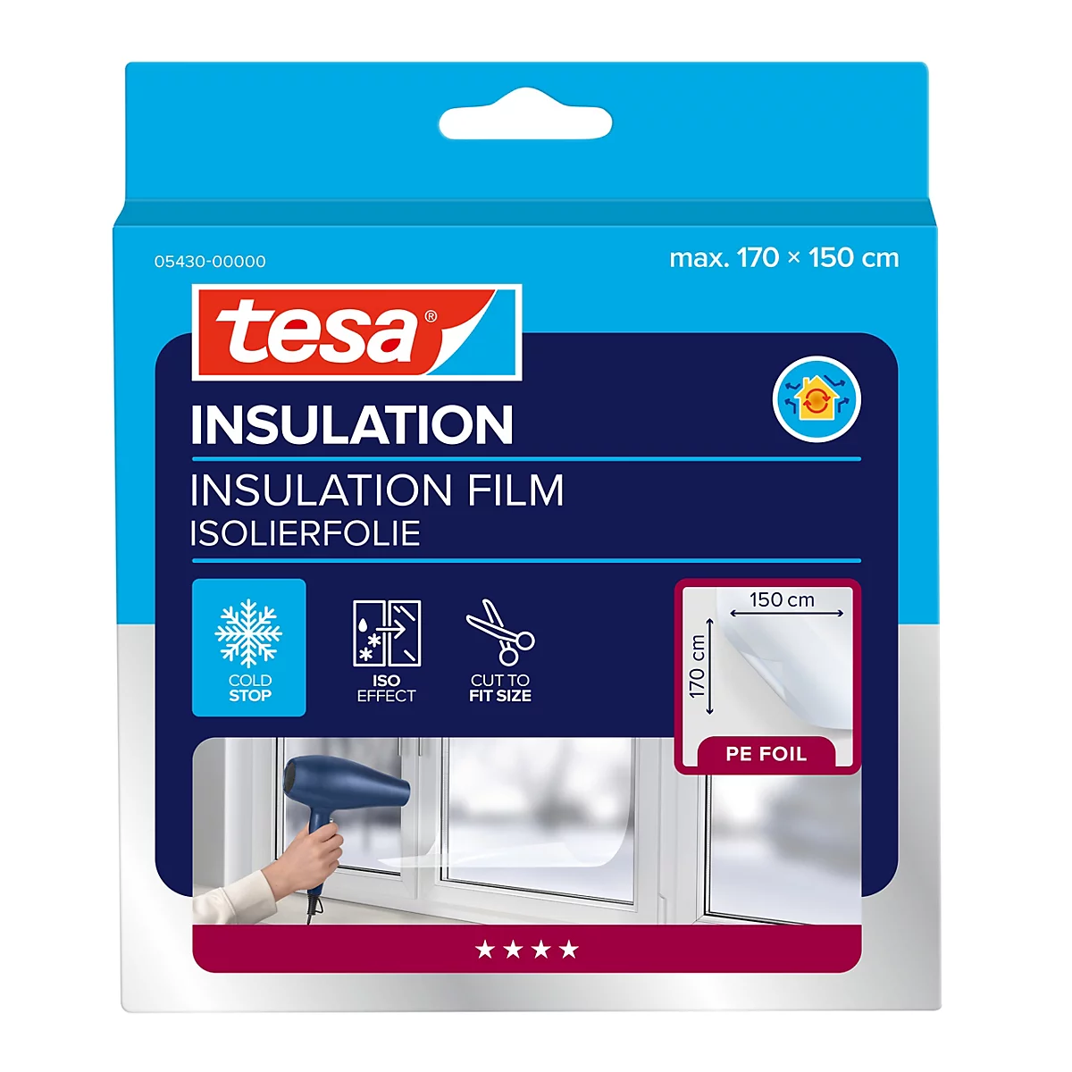 Tesa Isolierfolie Verpackung mit Anwendungsbeispiel eines Föhns am Fenster.