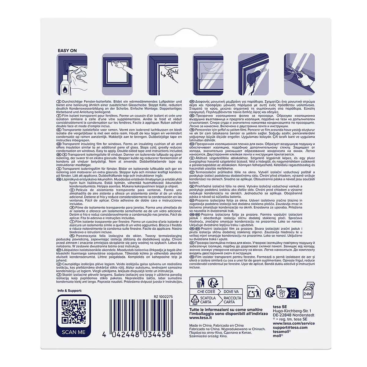 Rückseite einer Produktverpackung mit grafischer Montageanleitung für Fenster-Isolierfolie.