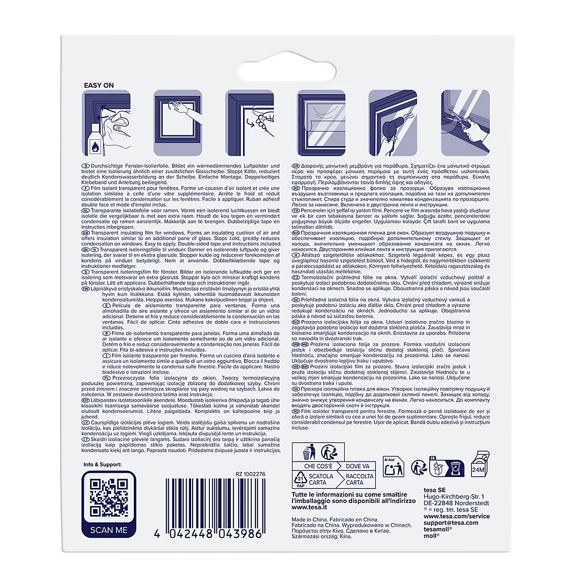 Rückseite einer tesa Fenster-Isolierfolien-Verpackung mit Montageanleitungs-Grafiken und mehrsprachigem Text.