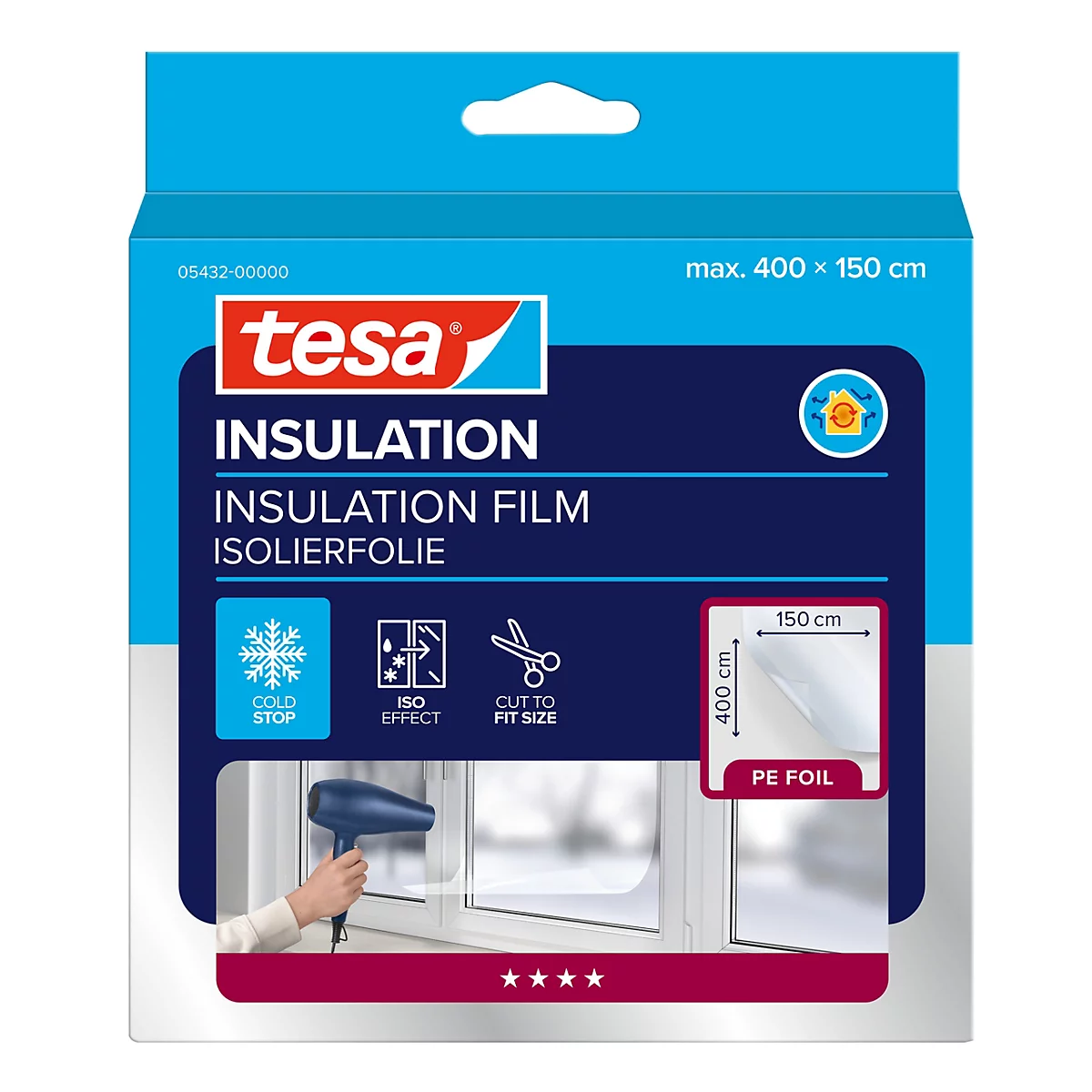 Tesa Isolierfolie Verpackung mit Anwendungsbeispiel eines Haartrockners an einem Fenster.