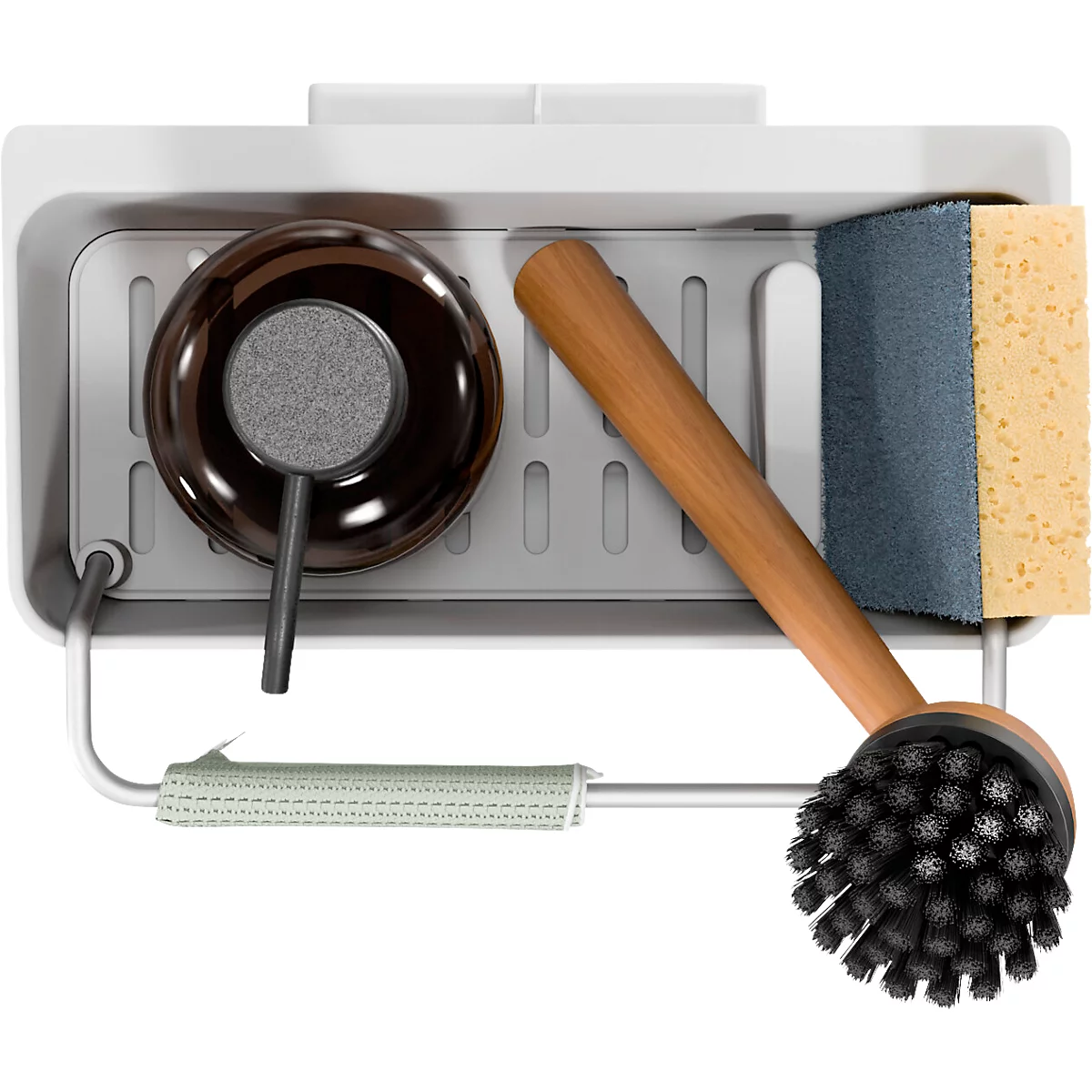 Detailopname van een spoelbakorganizer met afwasborstel, spons en afwasmiddeldispenser.