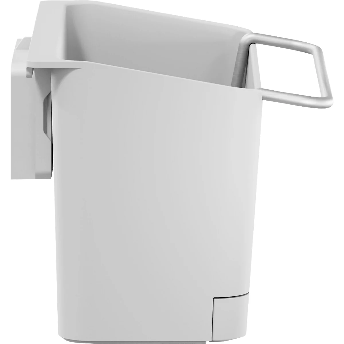 Witte wandcontainer met handvat. Het heeft een rechthoekige vorm, bevestigd aan de muur, met een handvat.