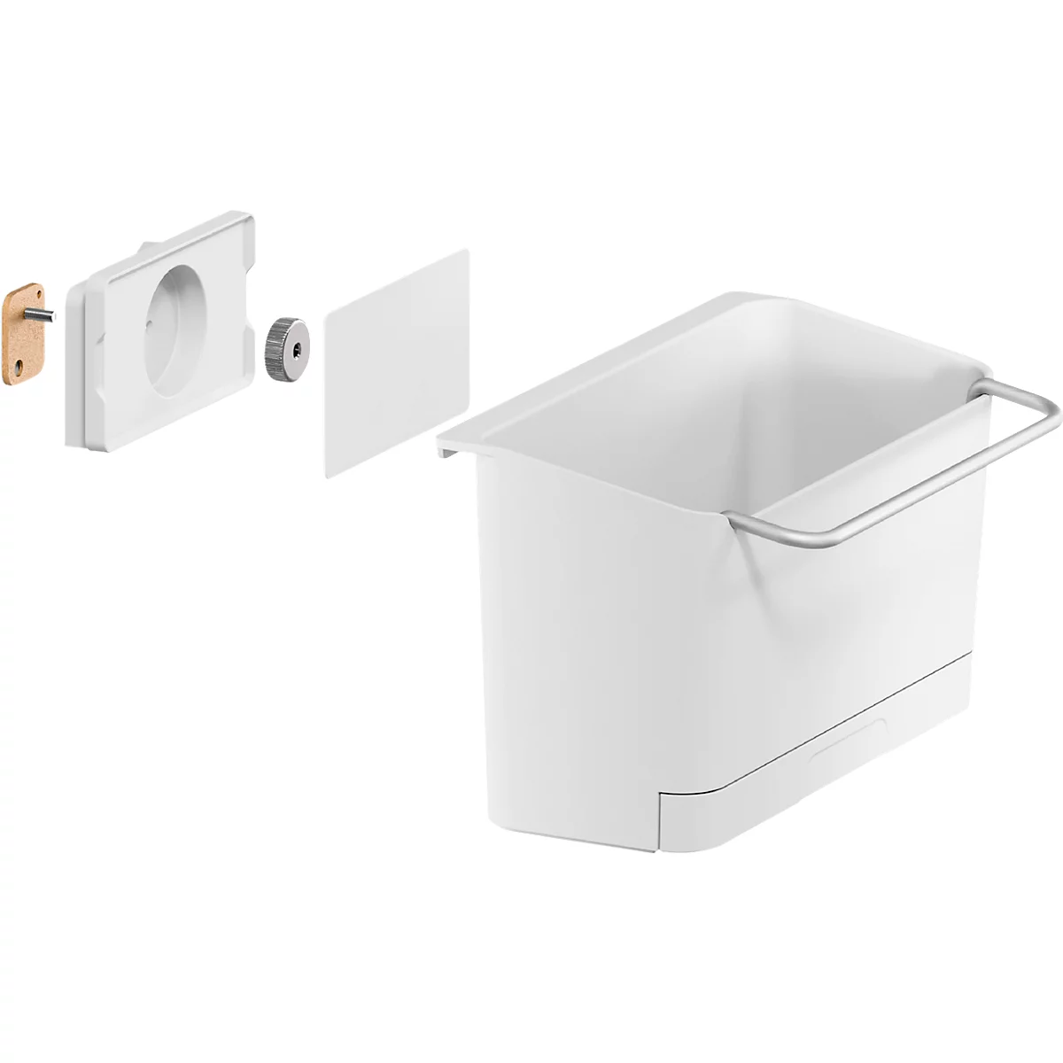 Witte vuilnisbak, met onderdelen ernaast, incl. bevestiging en deksel. Metalen handvat.