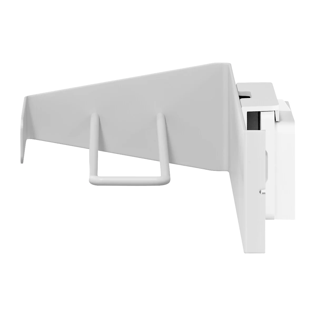 Witte wandplank, zijaanzicht. Met beugel en handvat.