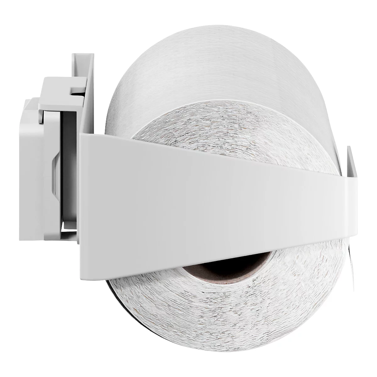 Rol wit papier in een witte houder. De houder is bevestigd aan een muurbevestiging.