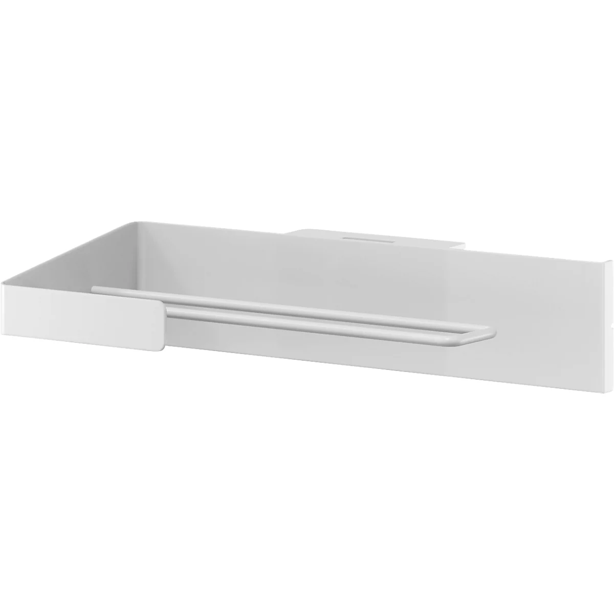 Witte wandplank met twee staven die als handdoekhouder dienen.