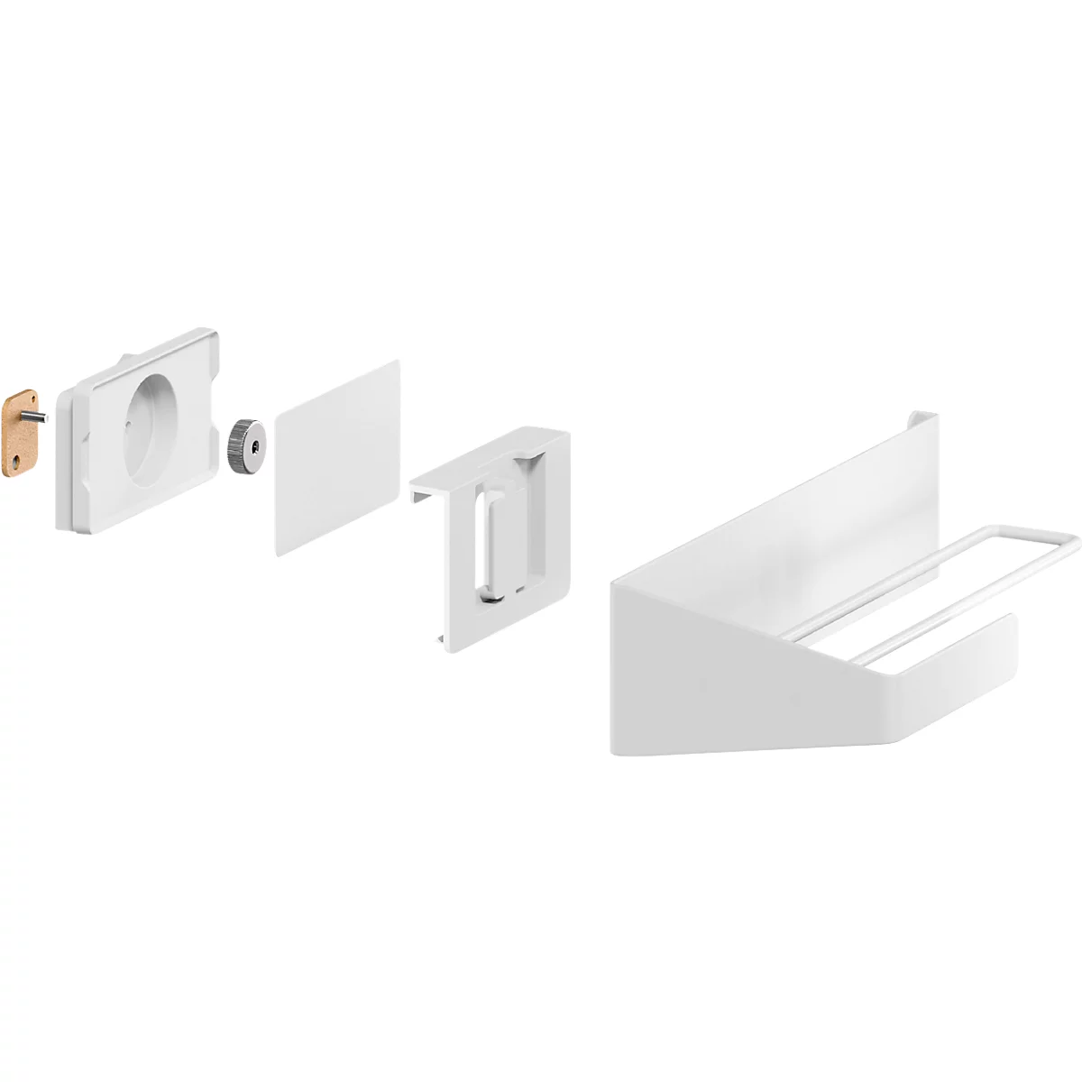 Exploded view van een witte wandplank met verschillende componenten. Naast schroeven, beugel en afdekking is ook de afgewerkte plank te zien.