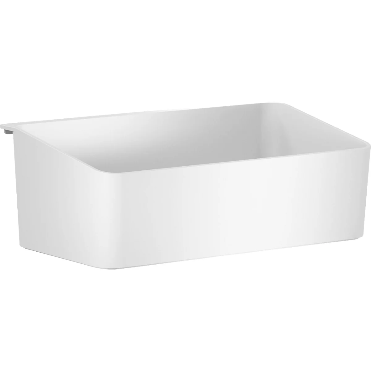 Récipient rectangulaire blanc avec un bord supérieur biseauté.
