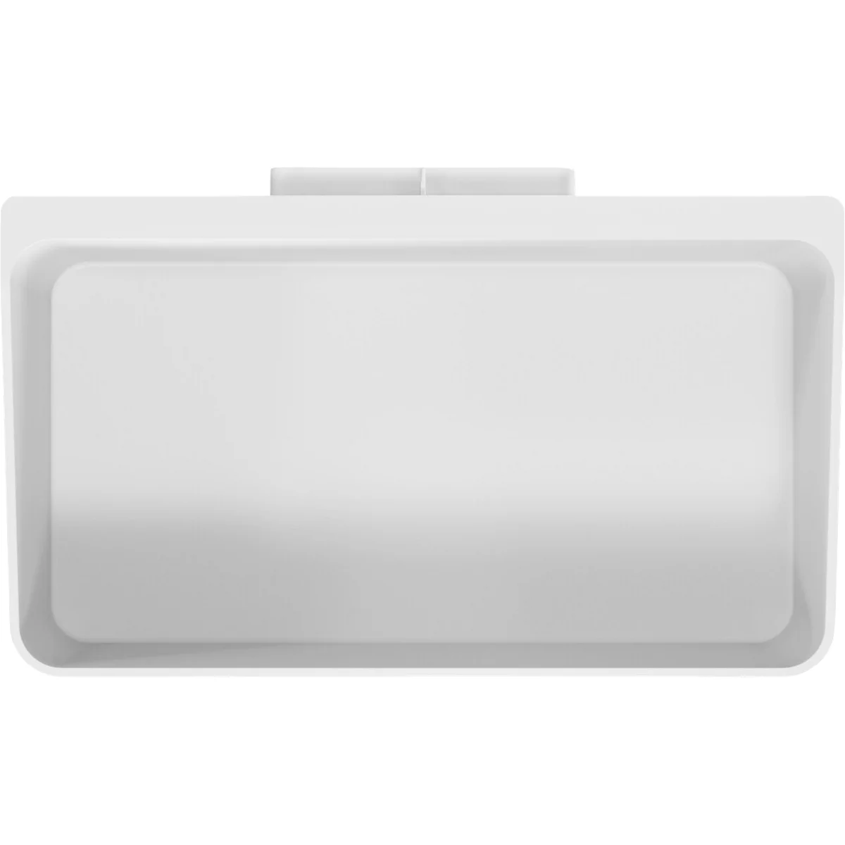 Vue de dessus d'un conteneur rectangulaire blanc avec deux poignées.