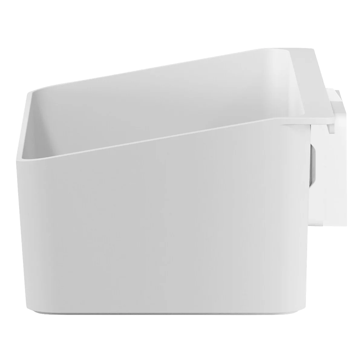 Boîte de rangement blanche aux parois inclinées. Elle est fixée à un support.