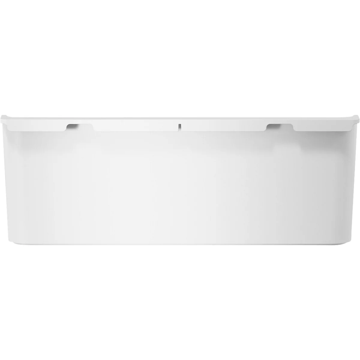 Récipient blanc et rectangulaire avec des bords biseautés et des renfoncements sur le dessus.