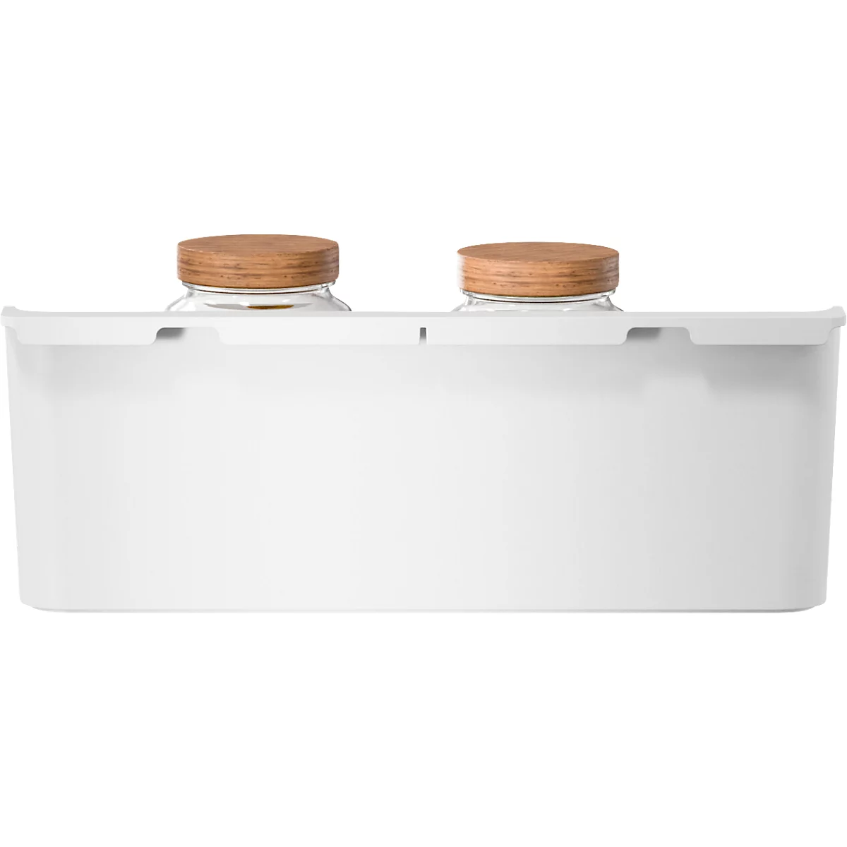 Récipient de stockage blanc avec couvercles en bois. Deux pots sont visibles.