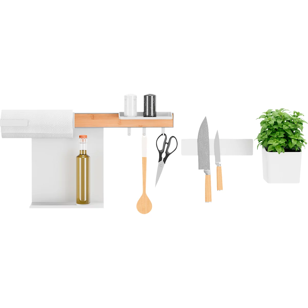 Étagère de cuisine blanche avec épices, bouteille d'huile, ustensiles de cuisine, couteaux et herbes. Éléments en bois et en métal.