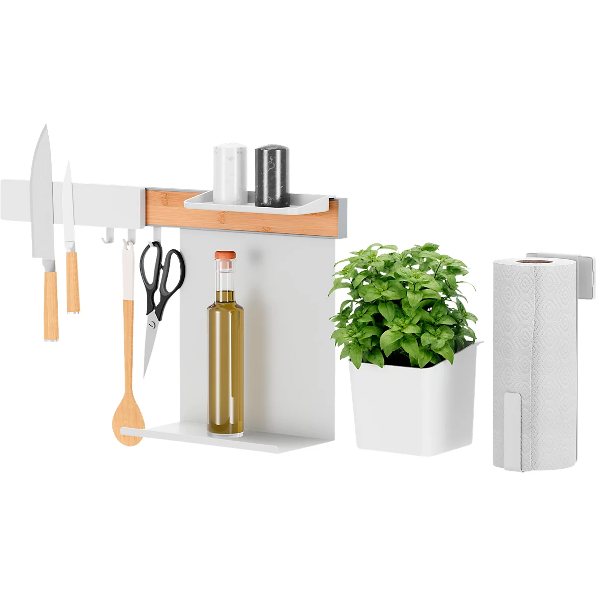Étagère de cuisine blanche avec couteaux, épices, huile, pot de basilic, rouleau de papier et ustensiles de cuisine.