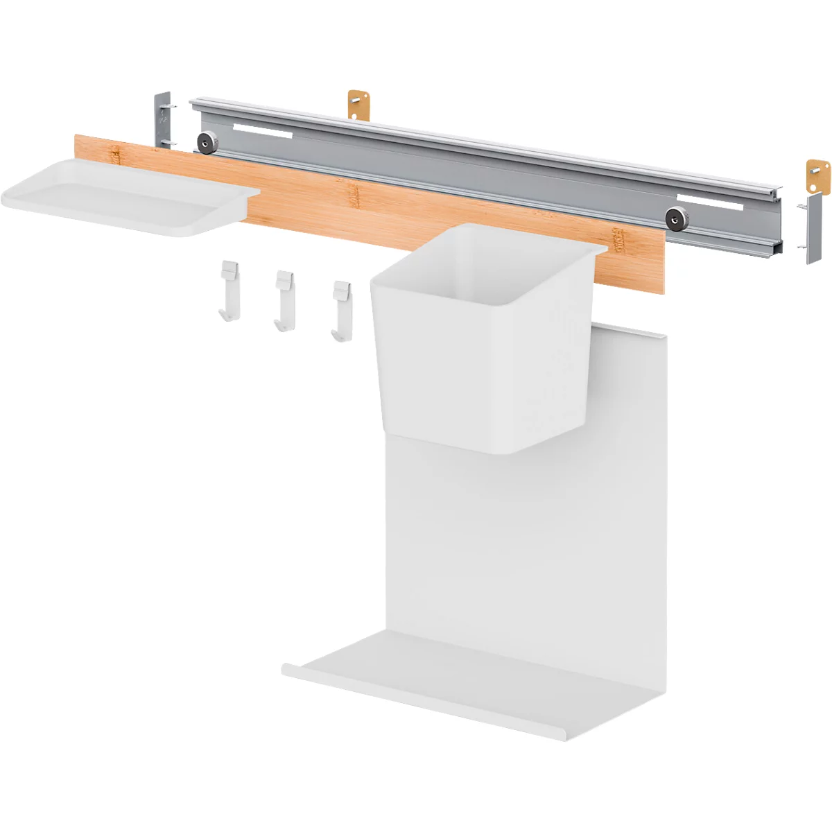 Wandorganisatiesysteem met rail, haken, bak en plank.
