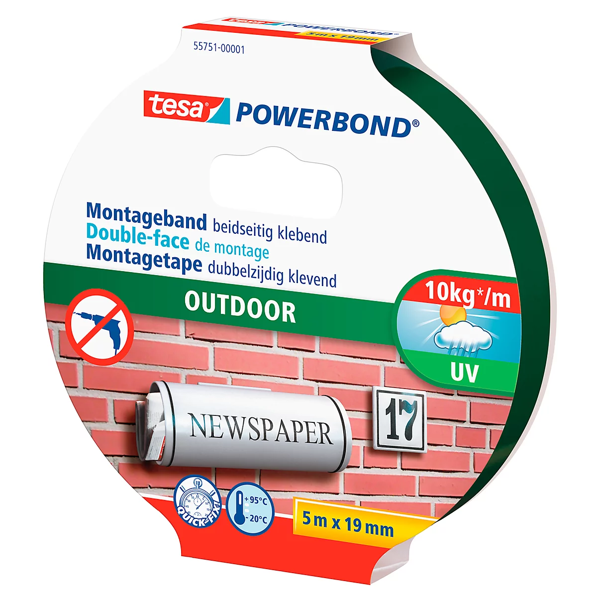 tesa® Klebeband Powerbond® Outdoor, doppelseitig, für den Außenbereich, wetterfest, UV-beständig, L 5 m x B 19 mm, grün