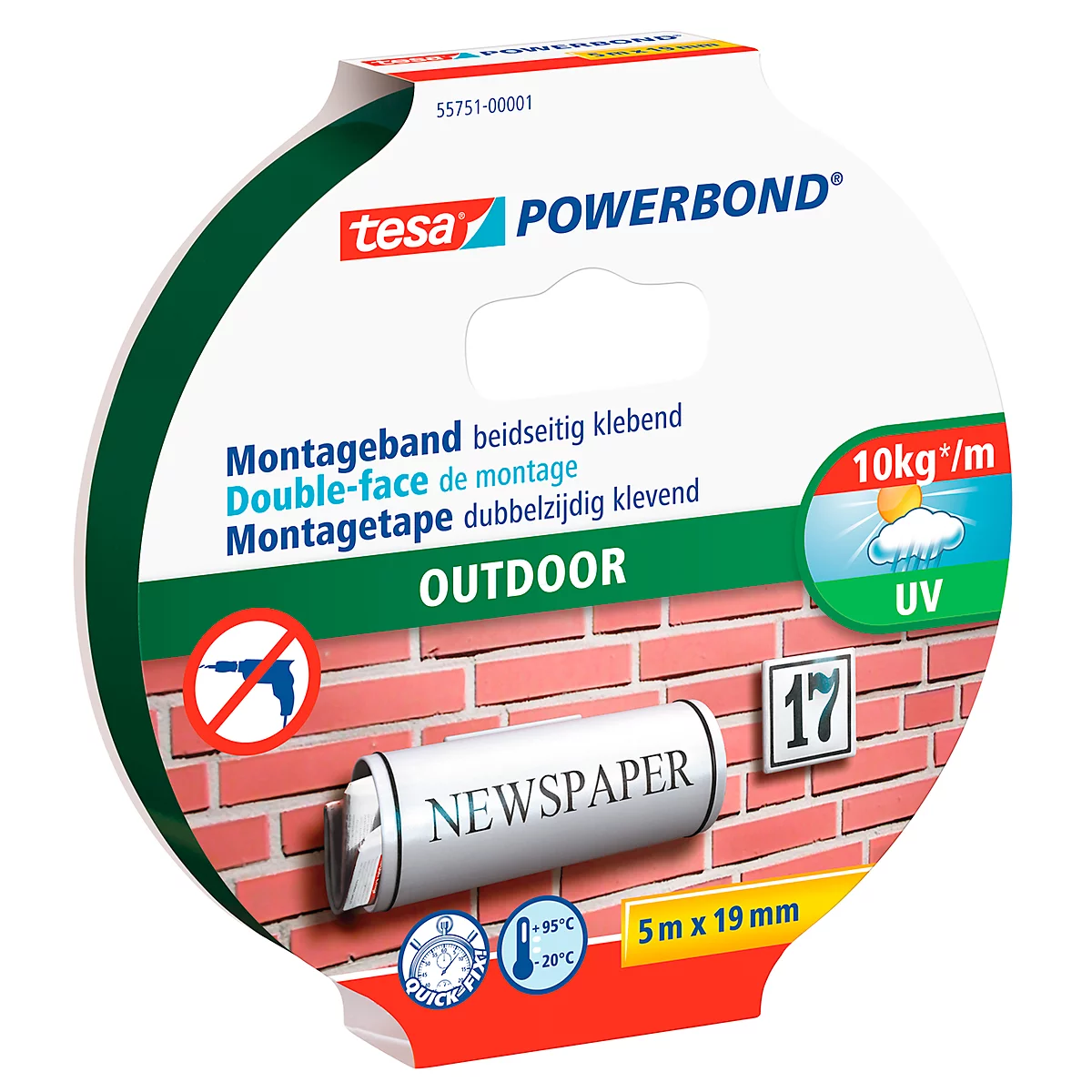 tesa® Klebeband Powerbond® Outdoor, doppelseitig, für den Außenbereich, wetterfest, UV-beständig, L 5 m x B 19 mm, grün