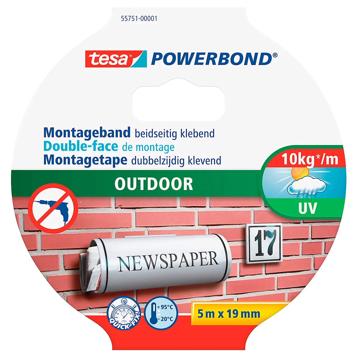 tesa® Klebeband Powerbond® Outdoor, doppelseitig, für den Außenbereich, wetterfest, UV-beständig, L 5 m x B 19 mm, grün