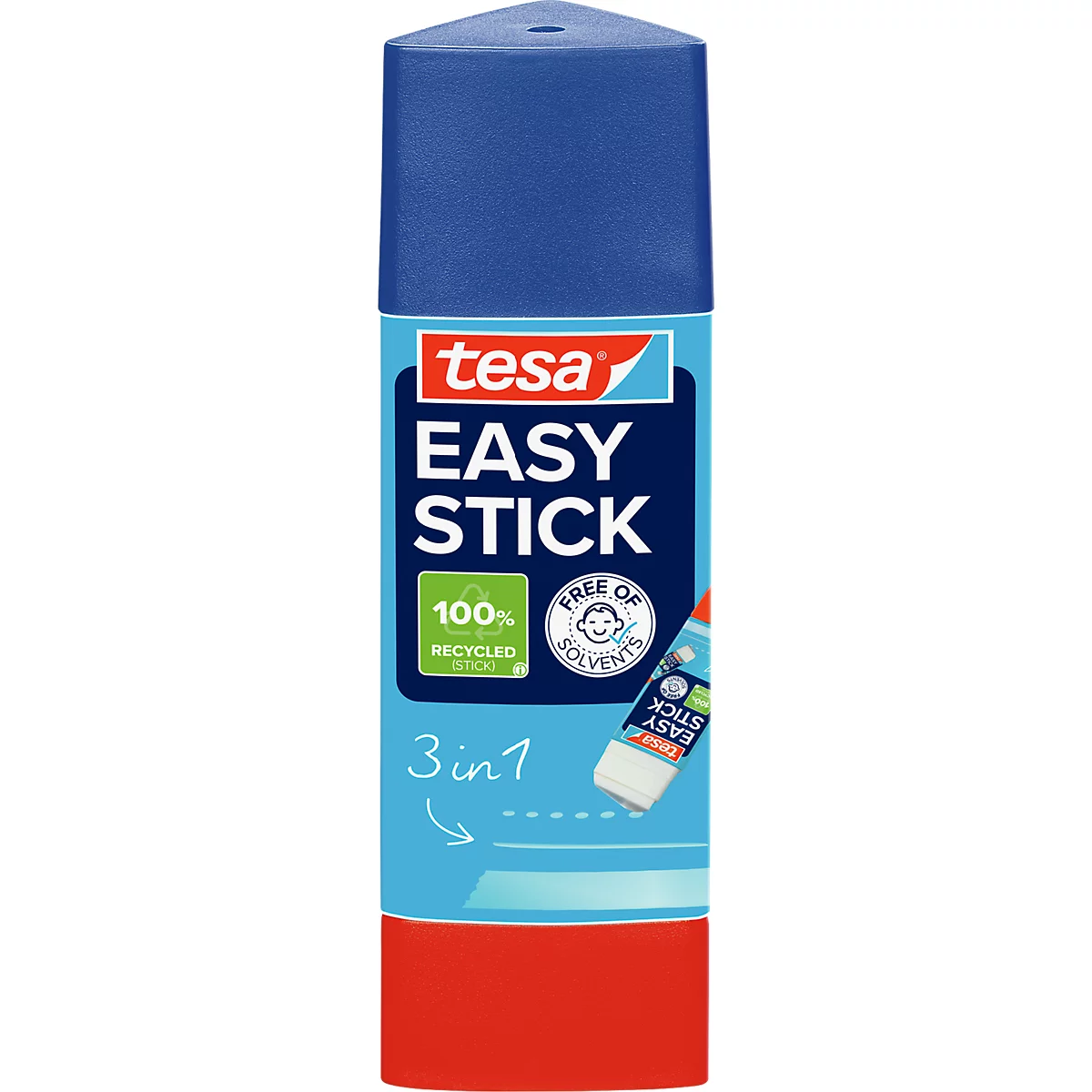 Tesa Easy Stick Klebestift mit blauer Kappe und rotem Boden auf hellblauem Hintergrund.