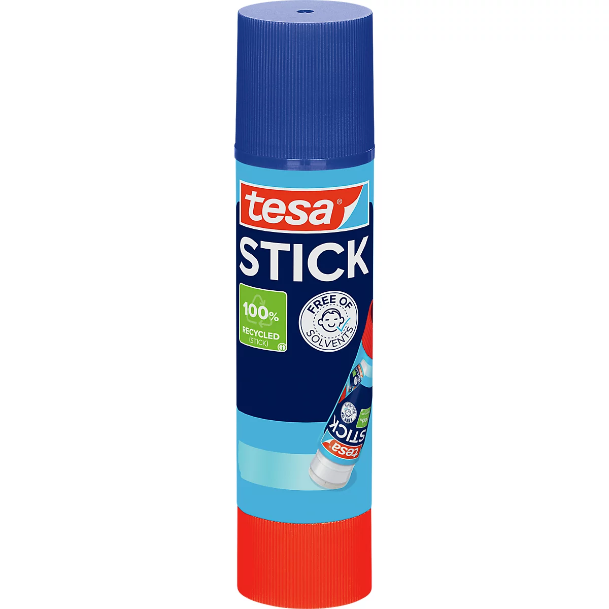 Ein blauer Klebestift der Marke Tesa mit rotem Boden und Verschlusskappe.