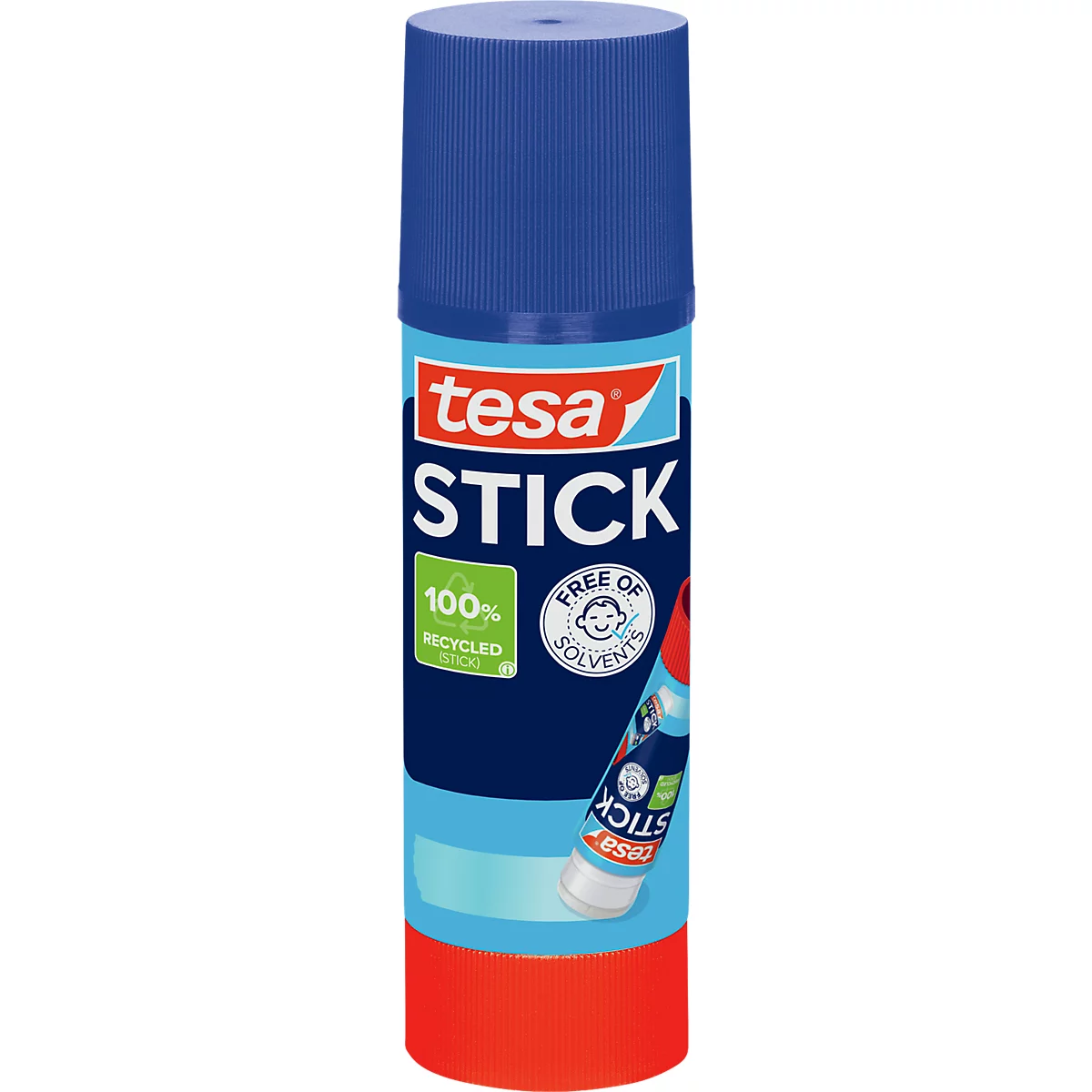 Tesa Klebestift in blauer Verpackung mit rot-blauer Kappe und Beschriftung.
