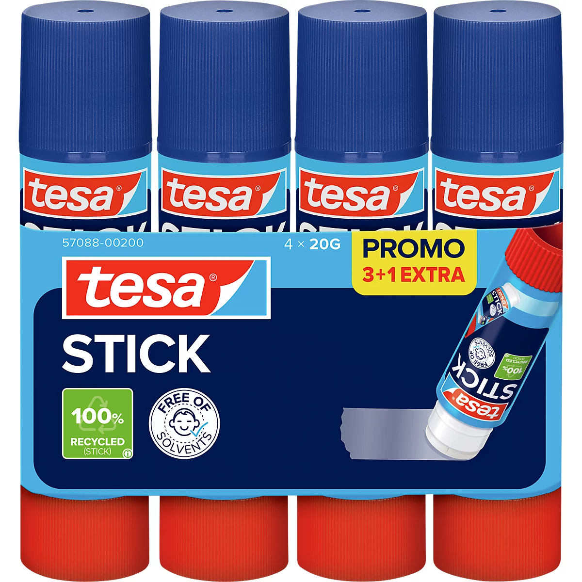 Vier Tesa Klebestifte in einer Aktionspackung mit blauem Deckel und rotem Boden.